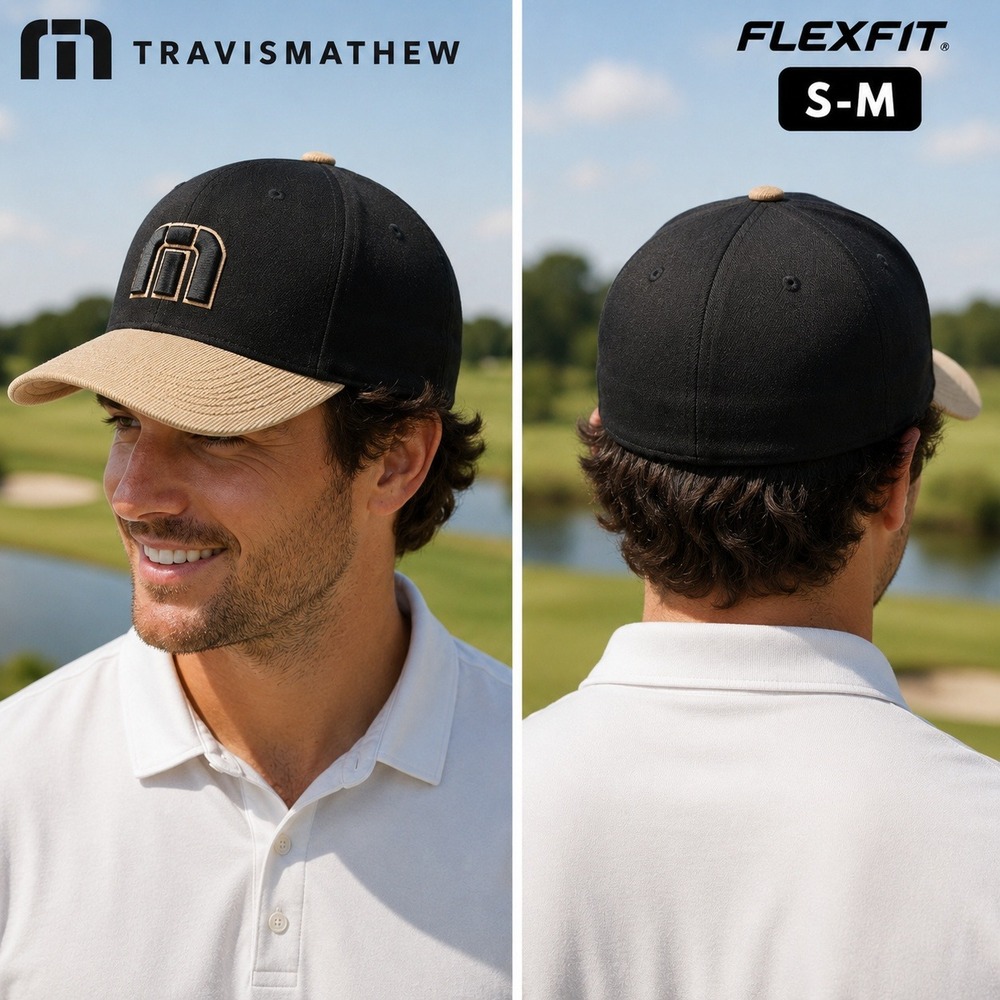 TravisMathew Flexfit Hat Black Tan Corduroy Brim Embroidered Logo Mens S-M Cap